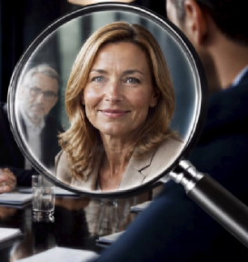 Een kandidaat aan de vergadertafel, uitvergroot door een loep